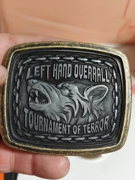 Custom belt buckle for the left hand overall winner